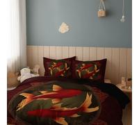 Duvet Cover Carp And Auspicious Clouds Art Soft Microfibre Polyester Bedding Quilt Cover, Single 135 x 200 cm with Pillow cases Bedding Set With Zipper Closure for All Season Bedding Set, Dark Brown