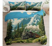 Duvet Cover Cot-bed Retro Illustration Mountains Vintage Steam Train Soft Quilt Cover 120 x 150 cm, 2 Pcs Bedding Set Zipper Blue Breathable Microfiber Bedding for Teens Adults Bedspread