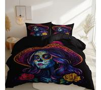 Duvet Cover Day Of The Dead People Flowers Bedding Set Reversible Design Black Microfiber Quilt Duvet Cover Set with Zipper With Matching Pillowcases 230 x 220 cm