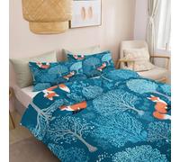 Duvet Cover Double 200 x 200 cm 3 Pieces - Bedding Set With Pillowcase Soft Breathable Luxury Duvet Covers Sets for All Season Use - Cartoon Plants Forest Fox Blue