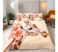 Duvet Cover Double 200x200 cm 3 Piece Set 3D HD Print Giraffe Flower Leaf Microfibre Envelope Zip Corner Straps Non-Slip Design Double Bed Set for Bedroom Hotel All Seasons（2 Pillowcases 50x75 cm）