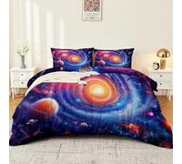 Duvet Cover Double 3 Pieces Bedding Set with 2 Pillowcases, Cosmic Vortex Planets Science Fiction Bedding Set Holiday Decor Reversible Halloween Duvet Blue Orange