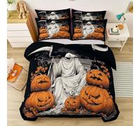 Duvet Cover Double 3 Pieces Bedding Set with 2 Pillowcases, Death Jack-O-Lantern Dark Bedding Set Holiday Decor Reversible Halloween Duvet White Orange