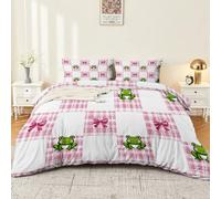 Duvet Cover Double 3 Pieces Bedding Set with 2 Pillowcases, Pastoral Frog Grid Bedding Set Holiday Decor Reversible Halloween Duvet Pink green