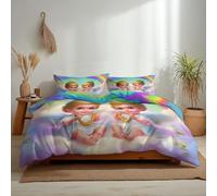 Duvet Cover Double 3 Pieces, Rainbow Clouds Cute Angel Wings Soft Breathable Bedding Set, Multi-Color Reversible Design Zipper Closure Quilt Covers for All Season
