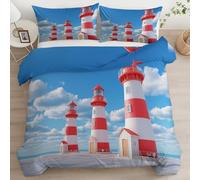Duvet Cover Double Cartoon Lighthouse Stripes Clouds Bedding Set 200 x 200 cm, Soft Breathable Microfiber Quilt Cover Anti-Allergy Easy Care, for all seasons Adults Kids Family Blue