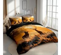 Duvet Cover Double Microfiber Bedding Set, Deer In The Grassland At Sunset Print Duvet Quilt Cover & Pillowcase With Zipper Closure, Super Soft Bedding Set for Adult Kids Teens, Black