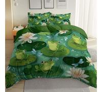 Duvet Cover Double Size 200×200 cm Frog Lily Pond Bedding Set Cartoon Green Printed Reversible Soft Microfiber Non Iron Quilt Cover With Pillowcases Zipper Closure