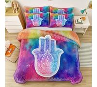 Duvet Cover Double Size 3 Pieces Dreamlike Mysterious Symbolic Hamsa Hand Bedding Sets for Teens Boys Girls with Pillowcases, Multicolored Soft Reversible Quilt Cover 200 x 200 cm with Zipper Closure