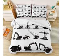 Duvet Cover Double Size 3 Pieces Simple Industrial Mechanical Engineering Vehicles Bedding Sets for Teens Boys Girls with Pillowcases, White Reversible Quilt Cover 200 x 200 cm with Zipper Closure