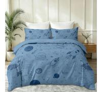 Duvet Cover Double Size Cute Cartoon Bedding Sets - Graffiti Astronaut Rocket PlanetQuilt Cover Soft Microfiber Easy Care Quilt Cover with 2 Pillowcases for Adults Teens Light Blue