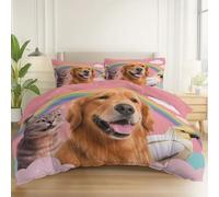 Duvet Cover Double Size, Cute Golden Retriever Cat Parrot Printed Reversible Bedding Sets - 200 x 200 cm Bed Duvet Covers Super Soft Quilt Covers with Zipper for Kids Adults, Pink