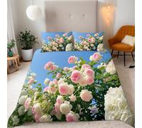 Duvet Cover Flowers Duvet Cover Set, Soft Reversible White And Pink Roses Bedding Set Single Bed 3 Pieces Quilt Covers with Zipper Closure 2 Pillow Case (Single, 155x220cm)