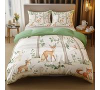 Duvet Cover Forest Woodland Animal Deer Tree Pattern Bedding Sets, White and Green Soft Microfiber Nature Themed Duvet Cover, Cot-bed Size 120×150 cm With Zipper Corner Straps Bedroom Decor