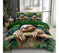 Duvet Cover Girls Boy Cute Sloth In The Jungle Bedding Set 2PCS, Soft Comfy Microfiber Reversible Forest Green 120 x 200 cm Duvet Cover Set with 1 Pillow Cases