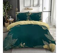 Duvet Cover Girls Boy Green And Gold Leaves Bedding Set 3PCS, Soft Comfy Microfiber Reversible 230 x 220 cm Beige Duvet Cover Set with 2 Pillow Cases