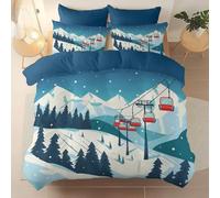 Duvet Cover Green White Not Easy to Fade, Cartoon Cable Car Snowy Mountain Brushed Microfiber Breathable Comfortable Single Bedding Set with Zipper Closure and Corner Ties