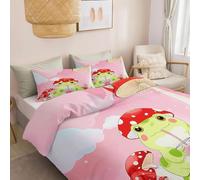 Duvet Cover Hypoallergenic Pink - Cartoon Frog Mushroom Bedding Set Soft Luxury, With Zipper Closure And 2 Pillowcases 50 X 75 Cm, Non Iron Bedding Hotel Quality Quilt Cover