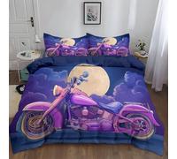 Duvet Cover King 230 x 220 cm Bedding Set Breathable Microfiber Duvet Cover, Quilt Bedding Cover with 2 Pillowcases, Easy carePurpleFantasy Night Sky Motorcycle
