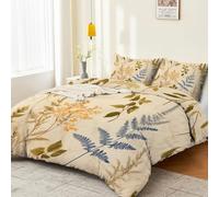 Duvet Cover King Autumn Winter Bedding, Vintage Fern Plant Leaves Set Ultra Soft Warm Cosy Sherpa Reversible Duvet Cover Set with Pillowcases Beige Green