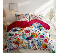 Duvet Cover King Brushed Microfiber, Traditional Mexican Colorful Flowers Pattern Hypoallergenic 230 x 220 cm Bedding Sets - Red Reversible with Zipper Closure Quilt Cover for Kids Teens Adults