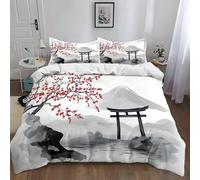 Duvet Cover King Microfiber Bedding Set, Japanese Torii Gate And Plum Blossoms Duvet Quilt Cover Pillowcase With Zipper Closure, Super Soft Duvet Cover for Kids Adults Bedroom, Reversible White