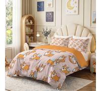 Duvet Cover King Size Cartoon Pastoral Bedding Set, Animals Corgi Dog Soft Breathable Brushed Microfiber Duvet Set 3D Bedding with Zipper Closure for Kids Teens Adults, Pink Brown