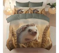 Duvet Cover King Size Realistic Wheat Field Cute Animal Hedgehog Luxury Reversible Bedding Set for Kids Boys Girls, Multicolored Soft Brushed Microfiber Duvet Cover 230 x 220 cm with 2 Pillowcases