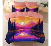 Duvet Cover King Size Set, Surrealism Mountains Forest Print Ultra Soft Comfort Microfiber Quilt Cover with Zipper Closure, Light Pink Reversible Duvet Covers Set with 2 Pillowcases