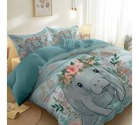 Duvet Cover King Size with Zipper Closure, Blue Reversible Microfiber Comfortable Tear Resistant Bedding Set, Cartoon Wreath Animal Printing Duvet Cover for Teenager Dormitory