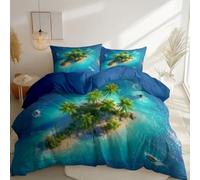 Duvet Cover King Size with Zipper Closure, Blue Reversible Microfiber Comfortable Tear Resistant Bedding Set, Landscape Island Ocean Printing Duvet Cover for Teenager Dormitory