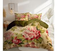 Duvet Cover King Soft Brushed Microfiber, Retro Oriental Flowers Peony Pattern Hypoallergenic 230 x 220 cm Bedding Sets - Sage Green Reversible with Zipper Closure Quilt Cover for Kids Teens Adults