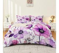 Duvet Cover Line Drawing Purple Pink Flowers Art Bedding 3PCS Duvet Cover Set Single Soft Thick Printed Duvet Cover Set for Women Adults Purple Pink