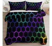 Duvet Cover Microfiber Cot-bed Bedding Set for Boys Girls, Modern Bedroom Decor 2 Pcs - 1 Duvet Cover 120 x 150 cm 1 Pillowcase 40 x 60 cm, Honeycomb Gradient Neon Lights - Reversible Design, Black