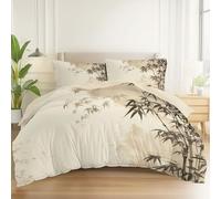 Duvet Cover Oriental Stylebamboo Pattern Printed Reversible Stylish Bedding Set Soft Microfiber Quilt Cover 230 x 220 cm + 2 Pillowcases 50x75cm Quilt Cover and Pillowcase Birthday Gift Cream