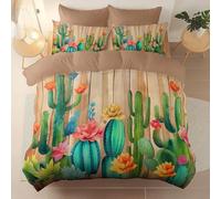 Duvet Cover Plants Cactus Wood Plank Print, Light Brown Reversible Duvet Cover Set with Zipper Closure for Kids Teens Adults Bedroom Decor, King Size Ultra Soft Microfiber Bedding Set