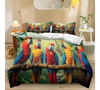 Duvet Cover Print Animals Jungle Parrot Pattern Design, Green Red Soft Microfiber Bedding Duvet Cover Set with Zipper Closure and Corner Ties Double for Adult Boys Girls