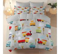 Duvet Cover Printed King 3Piece, Cartoon Train Road Signs theme Soft Breathable Brushed Microfiber Light Gray Duvet Cover with Zipper, for Teens and Adults Bedding Set