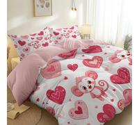 Duvet Cover Printed Single, Soft Breathable Brushed Microfiber Cute Monkey Love Heart theme 3Pcs Light Pink Duvet Cover with Zipper - for Kids and Adults Bedding Set