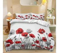 Duvet Cover Red Soft Microfiber Bedding Set Reversible Lightweight Quilt Cover Floral Pattern Poppy Flowers King 3pcs with Zipper Closure