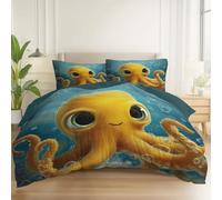 Duvet Cover Reversible Cute Cartoon Characters Octopus Print, Brushed Microfiber Bedding Set 90" x 87" with 2 Pillowcase, All Season Quilt Cover with Zipper for Kids Adults, Gray-Blue