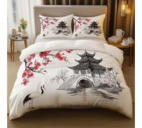 Duvet Cover Reversible King Size, Oriental Ancient Architecture Comforter Covers with Zipper and Ties, White Washed Microfiber Soft Bedding Set With 2 Pillowcases 50 x 75 cm