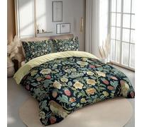 Duvet Cover Reversible King Size, William Morris Flowers Birds Pattern Microfiber Duvet Cover set with 2 Pillowcases 50x75cm, Cream Printed bedding set with Zipper