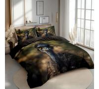 Duvet Cover Reversible Single Size, Animals Emu Pattern Microfiber Duvet Cover set with 2 Pillowcases 50x75cm, Dark Brown Printed bedding set with Zipper
