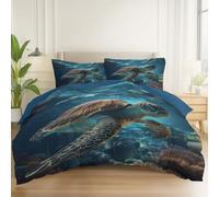 Duvet Cover Reversible Underwater World Marine Animals Sea Turtles Print, Brushed Microfiber Bedding Set 53" x 79" with 2 Pillowcase, All Season Quilt Cover with Zipper for Kids Adults, Blue