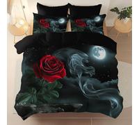 Duvet Cover Romance Flowers Roses Theme, King Size 3 Piece Bedding Set for Kids Adults with 2 Pillow Shams, Soft Brushed Microfiber, Black Red His and Hers 3D Printed