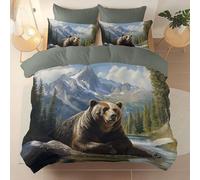 Duvet Cover Set 200 × 200 cm, Grey Lightweight Soft Microfiber Bedding Set with 2 Pillowcases, Reversible Animal Grizzly Bear Forest Mountains Printed Design with Hidden Zipper & Corner Ties