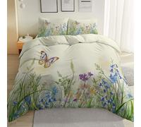 Duvet Cover Set 200 × 200 cm, Watercolor Spring Meadow Wildflower Butterfly Pattern, Microfiber Quilt Cover with Zipper Closure & 2 Pillowcases, Machine Washable Beige Soft Bedding Set