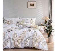 Duvet Cover Set 220 x 240 cm Tropical Gold Palm Leaves Botanical Printed Design for 2 People, TT Global Soft Chic Microfibre Bed Set with 2 x Pillowcases 65 x 65 cm, White Gold