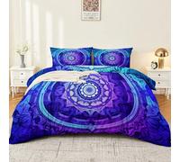Duvet Cover Set 230 x 220 cm Contains 2 pillowcases, Easy Care Fantasy Mystical Mandala Flowers Printed Duvet Cover - Breathable Stylish Soft Brushed Microfiber Bedding Suitable for Bedroom Blue